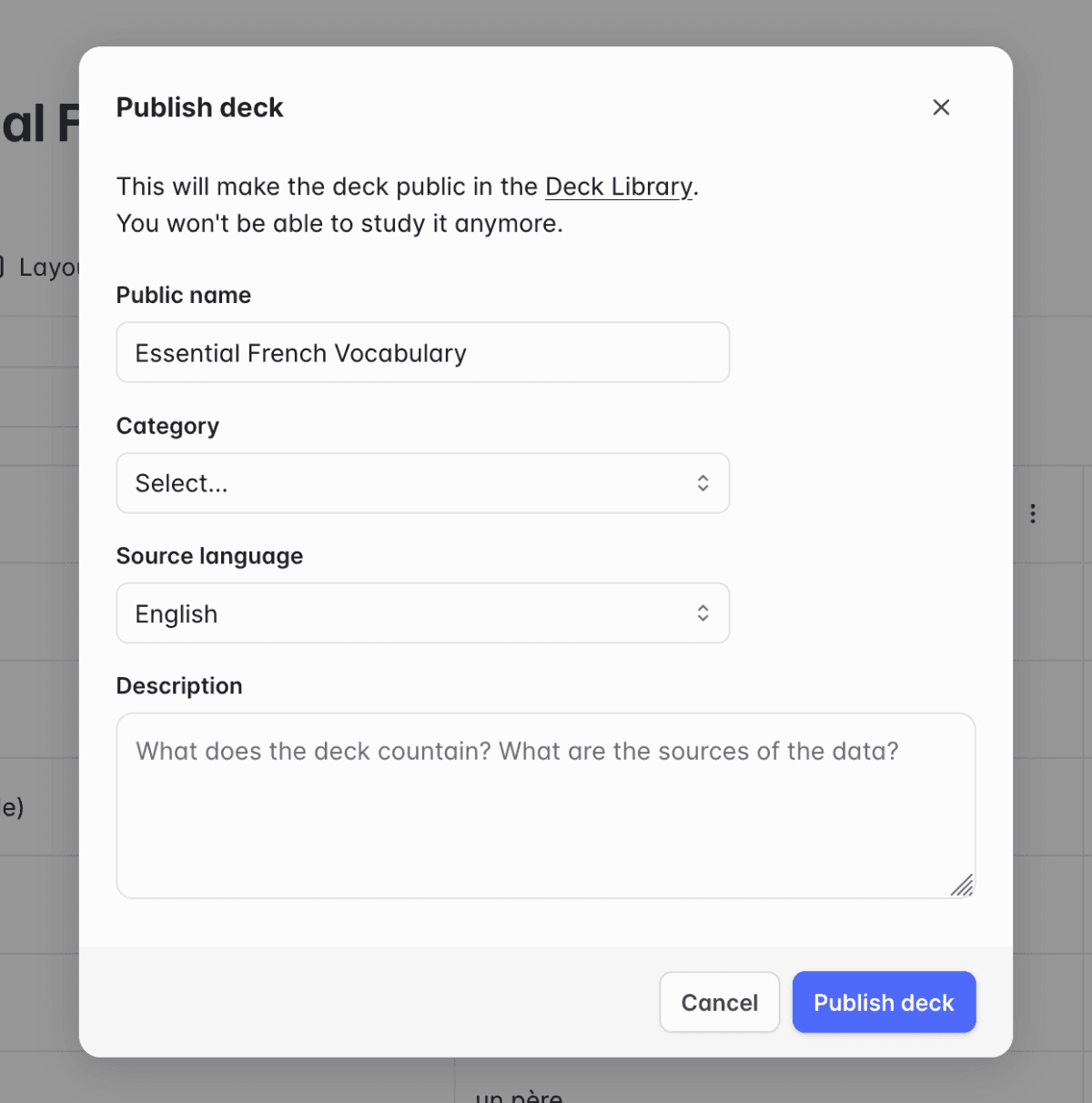 Publish deck modal